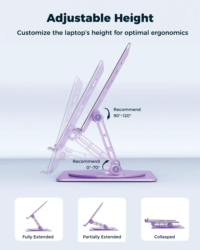 Alt view image 5 of 7 - 360° Rotating Laptop Stand for Desk Adjustable, Foldable, Portable Aluminum Ergonomic Riser Compatible with MacBook, Dell, HP & All Laptops 10-16 inch Purple