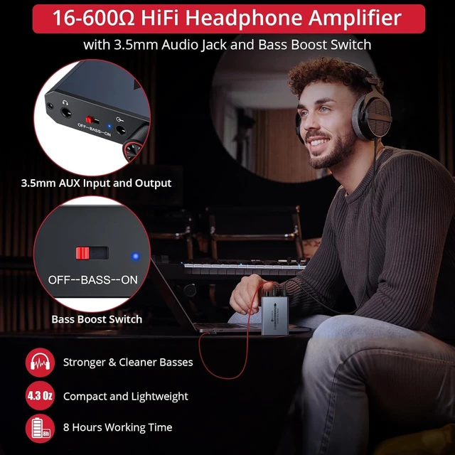 Alt view image 3 of 7 - 3.5mm Headphone Amp with Bass Boost, HiFi Headphone Amplifier with Portable, 16-600 Ohm, Aluminum Matte Surface for Mac,Phones,iPad,MP3,MP4 Computers PS4 PS5 Controller-Dark Grey