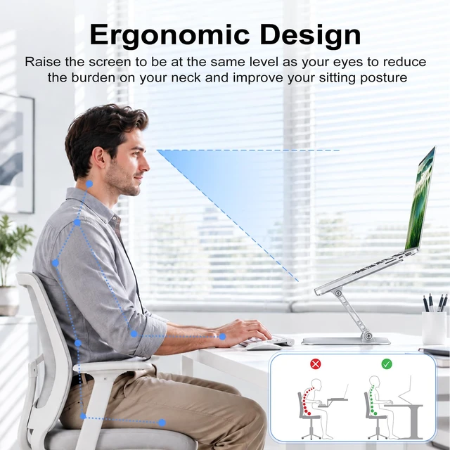 Alt view image 2 of 7 - Adjustable Aluminum Laptop Stand for Desk, Laptop Riser for 11-16" Height Adjustable, Ergonomic Riser, Anti-Slip Silicone Pads, Foldable Portable Laptop Holder for Home Office Travel