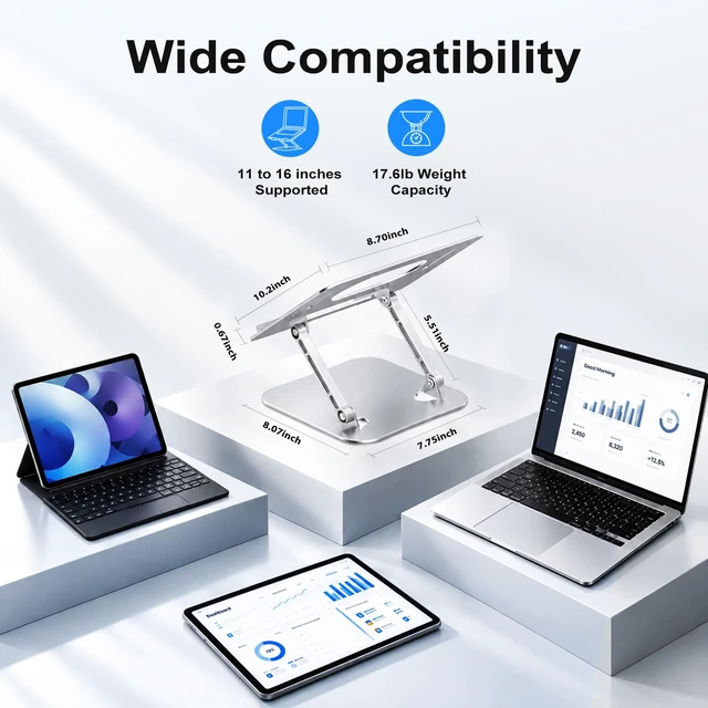 Alt view image 6 of 7 - Adjustable Aluminum Laptop Stand for Desk, Laptop Riser for 11-16" Height Adjustable, Ergonomic Riser, Anti-Slip Silicone Pads, Foldable Portable Laptop Holder for Home Office Travel