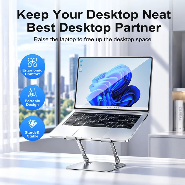 Alt view image 5 of 7 - Adjustable Aluminum Laptop Stand for Desk, Laptop Riser for 11-16" Height Adjustable, Ergonomic Riser, Anti-Slip Silicone Pads, Foldable Portable Laptop Holder for Home Office Travel