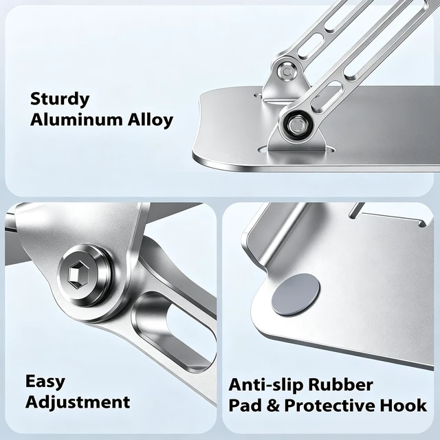 Alt view image 7 of 7 - Adjustable Aluminum Laptop Stand for Desk, Laptop Riser for 11-16" Height Adjustable, Ergonomic Riser, Anti-Slip Silicone Pads, Foldable Portable Laptop Holder for Home Office Travel