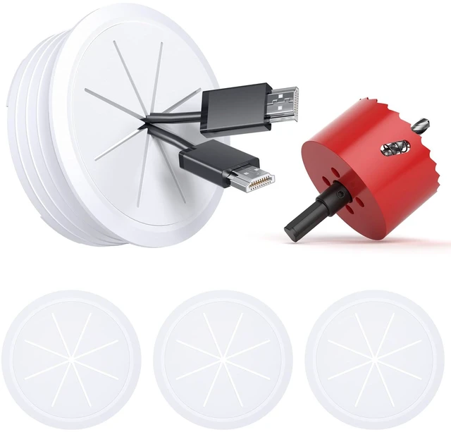Main image of 4 Pack TV Cord Hider for Wall Mounted TV, 2-3/8"(60mm Hole), White In Wall Cable Management Kit, Wall Grommets for Cables, Include Hole Saw Drill, Easy Install, For Drywall, Mounted TVs, Desks