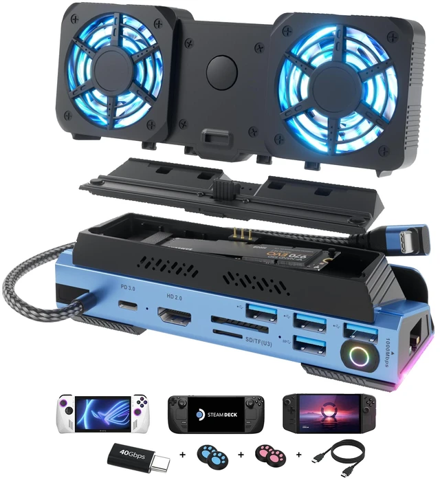 Main image of YCE 14-in-1 Steam Deck Dock for Switch, ROG Ally, Legion Go Adjustable-speed dual fans and M.2 NVMe slot. 4K60, LAN, USB-A, PD, SD/TF. For OLED, Ally X, Switch 2, Go S