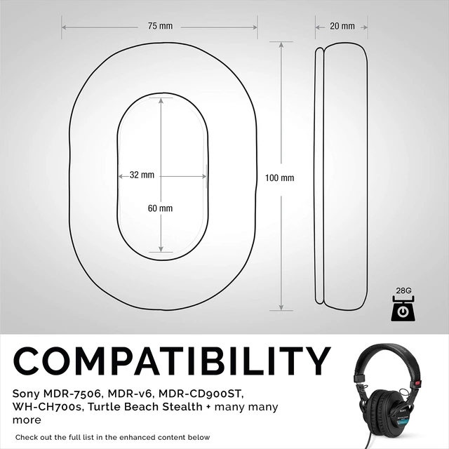 Alt view image 6 of 7 - Replacement Earpads for Sony MDR 7506 Headphones - Quality Vegan Leather, Memory Foam Comfort, Long Lasting & Durable, Also Works with Headphones Like Steelseries Arctis, ATH-M50X & More