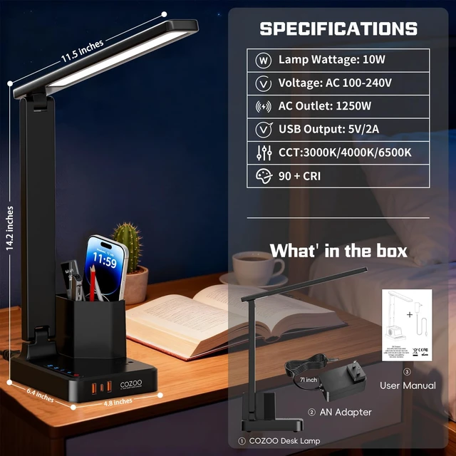 Alt view image 4 of 7 - LED Desk Lamps for Dorm Office with USB C Charging Station, 800lm, CRI>90 Black Study Desk Lamp with Pen Storage, Eye Caring Desk Lamp with 3 USB (1 USB-C) & AC Outlet, Dorm Room Essentials for Guys