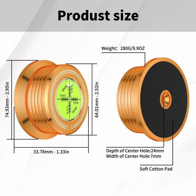 Alt view image 3 of 6 - LP528G Turntable Stabilizer Phono LP Record Weight, Gold 50Hz Vinyl Record Player Clamp, 280G (9.9 OZ) HiFi 3 in 1 Turntable Level with Bubble Leveling for Vibration Balanced (50Hz, Gold)