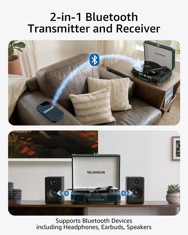 Alt view image 2 of 7 - Vinyl Record Player with Speakers Vintage Bluetooth in/Out Turntable-Green Battery Powered 3-Speed Vinyl Player, Retro Suitcase Phonograph, Portable Lp Player RCA Out AUX in Headphone Jack