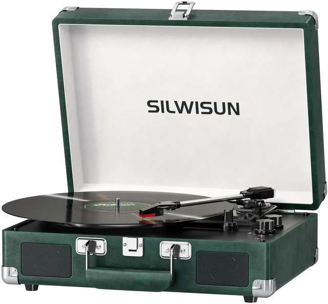 Main image of Vinyl Record Player with Speakers Vintage Bluetooth in/Out Turntable-Green Battery Powered 3-Speed Vinyl Player, Retro Suitcase Phonograph, Portable Lp Player RCA Out AUX in Headphone Jack