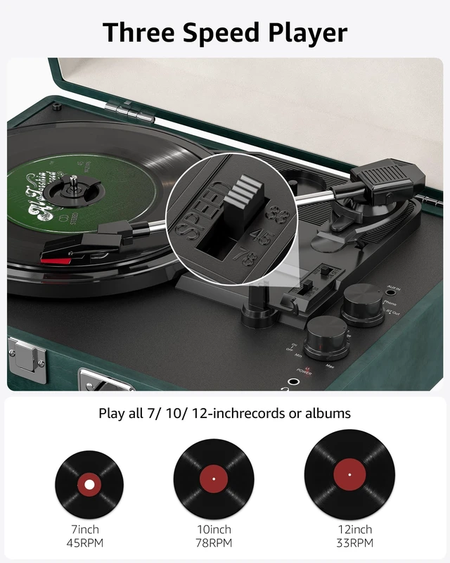 Alt view image 6 of 7 - Vinyl Record Player with Speakers Vintage Bluetooth in/Out Turntable-Green Battery Powered 3-Speed Vinyl Player, Retro Suitcase Phonograph, Portable Lp Player RCA Out AUX in Headphone Jack