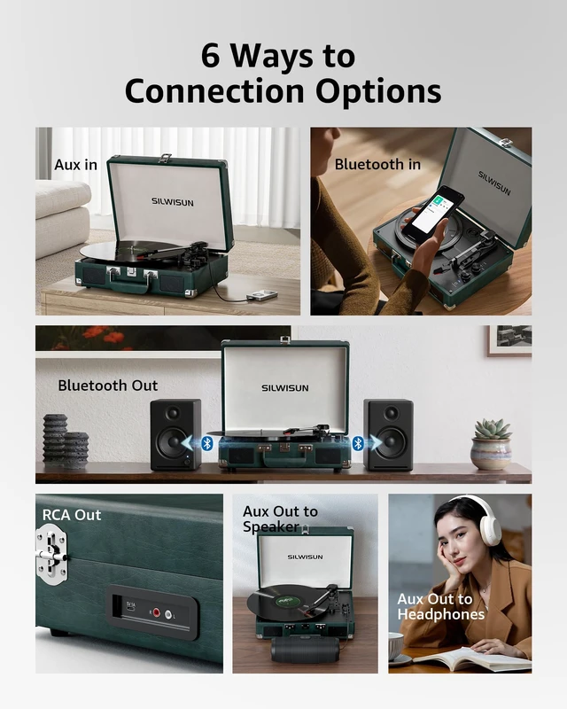 Alt view image 7 of 7 - Vinyl Record Player with Speakers Vintage Bluetooth in/Out Turntable-Green Battery Powered 3-Speed Vinyl Player, Retro Suitcase Phonograph, Portable Lp Player RCA Out AUX in Headphone Jack