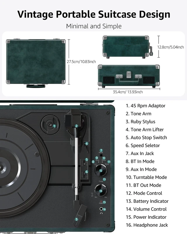 Alt view image 5 of 7 - Vinyl Record Player with Speakers Vintage Bluetooth in/Out Turntable-Green Battery Powered 3-Speed Vinyl Player, Retro Suitcase Phonograph, Portable Lp Player RCA Out AUX in Headphone Jack