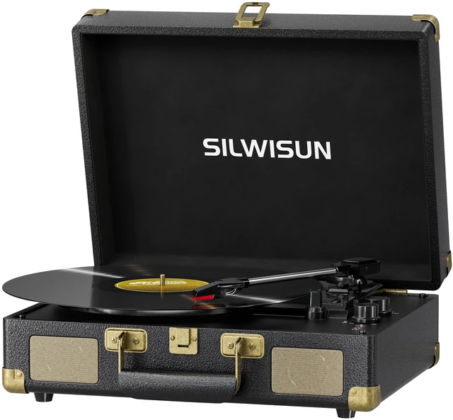 Main image of Vinyl Record Player with Speakers Vintage Bluetooth in/Out Turntable-Black Battery Powered 3-Speed Vinyl Player, Retro Suitcase Phonograph, Portable Lp Player RCA Out AUX in Headphone Jack