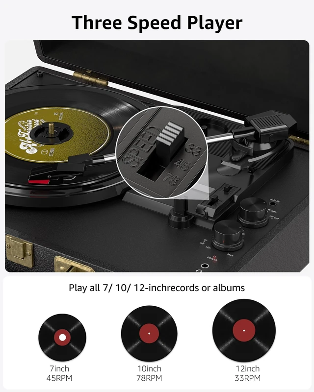 Alt view image 6 of 7 - Vinyl Record Player with Speakers Vintage Bluetooth in/Out Turntable-Black Battery Powered 3-Speed Vinyl Player, Retro Suitcase Phonograph, Portable Lp Player RCA Out AUX in Headphone Jack
