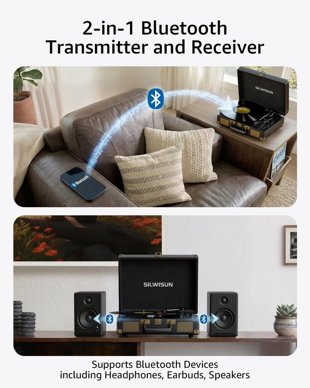 Alt view image 2 of 7 - Vinyl Record Player with Speakers Vintage Bluetooth in/Out Turntable-Black Battery Powered 3-Speed Vinyl Player, Retro Suitcase Phonograph, Portable Lp Player RCA Out AUX in Headphone Jack