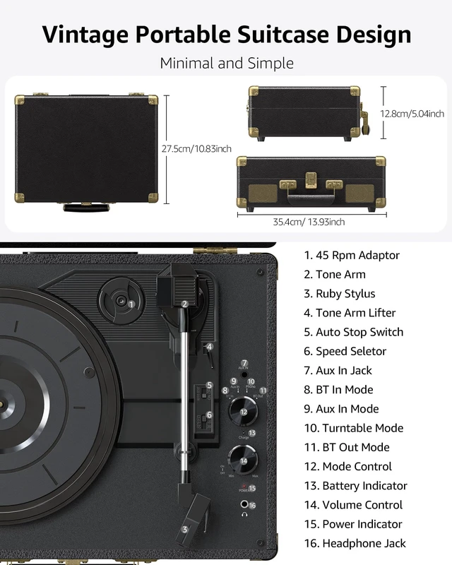 Alt view image 5 of 7 - Vinyl Record Player with Speakers Vintage Bluetooth in/Out Turntable-Black Battery Powered 3-Speed Vinyl Player, Retro Suitcase Phonograph, Portable Lp Player RCA Out AUX in Headphone Jack
