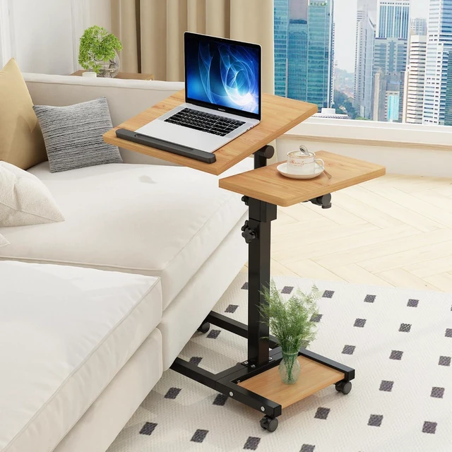 Main image of Laptop Desk Stand for Bed Portable Desk Overbed Bedside Mobile Laptop Table Rolling Foldable Table Adjustable Height with Locked Wheels & Mouse Pad for Office Sofa (Natural Color)