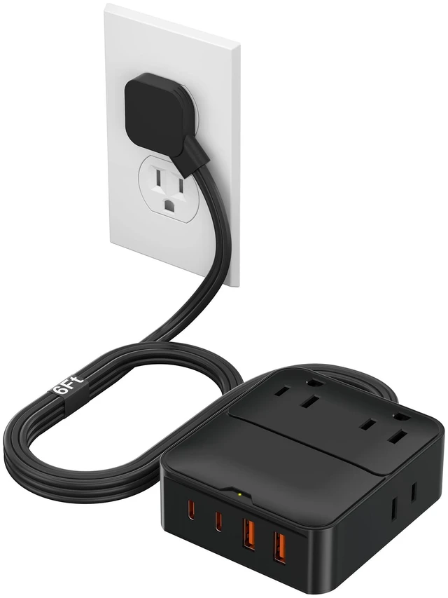 Main image of Flat Plug Power Strip with USB Ports - 4 AC & 4 USB Ports (20W), 6Ft Extension Cord with Multiple Outlets, Fast USB Charging Station for Travel Office Dorm Room (Black)