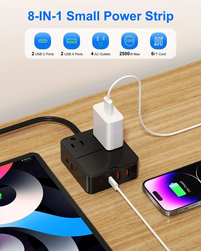 Alt view image 2 of 7 - Flat Plug Power Strip with USB Ports - 4 AC & 4 USB Ports (20W), 6Ft Extension Cord with Multiple Outlets, Fast USB Charging Station for Travel Office Dorm Room (Black)