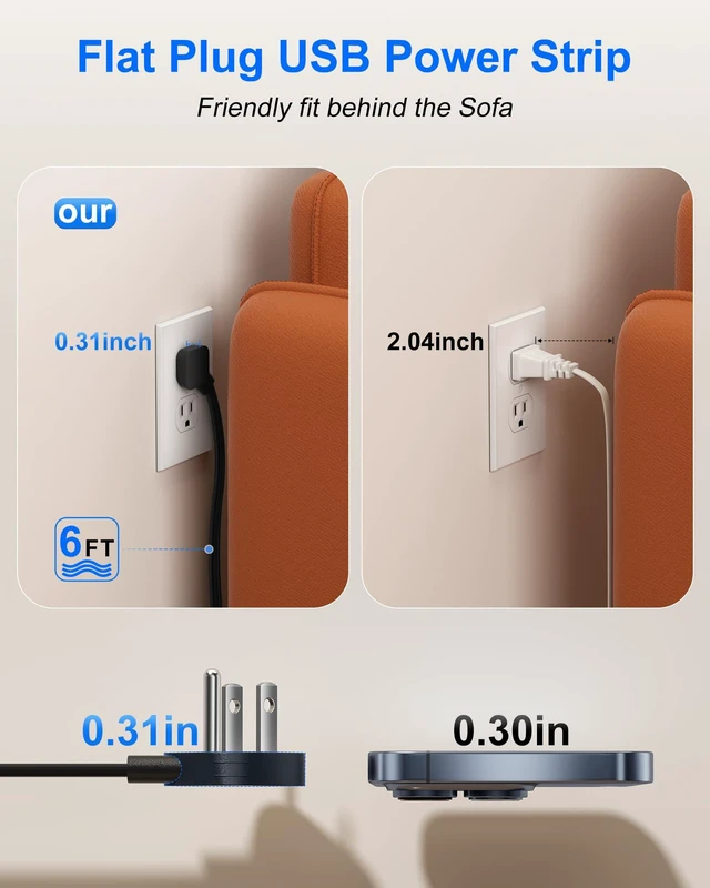 Alt view image 4 of 7 - Flat Plug Power Strip with USB Ports - 4 AC & 4 USB Ports (20W), 6Ft Extension Cord with Multiple Outlets, Fast USB Charging Station for Travel Office Dorm Room (Black)