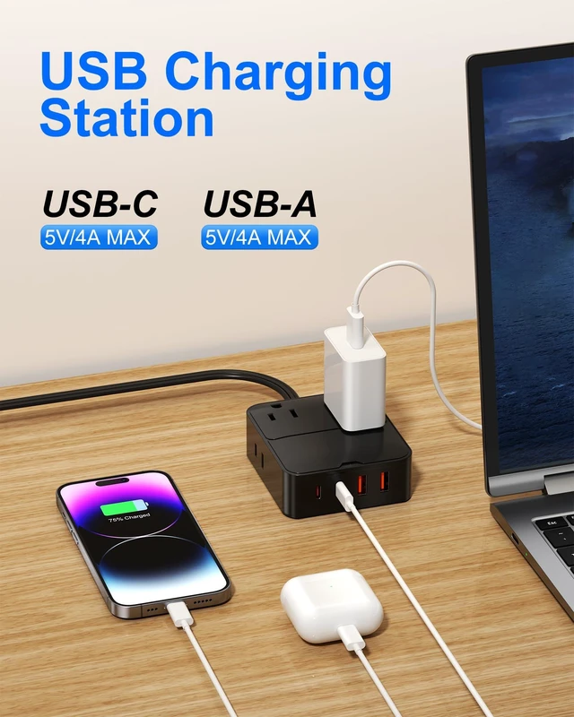 Alt view image 3 of 7 - Flat Plug Power Strip with USB Ports - 4 AC & 4 USB Ports (20W), 6Ft Extension Cord with Multiple Outlets, Fast USB Charging Station for Travel Office Dorm Room (Black)