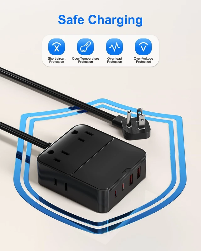 Alt view image 5 of 7 - Flat Plug Power Strip with USB Ports - 4 AC & 4 USB Ports (20W), 6Ft Extension Cord with Multiple Outlets, Fast USB Charging Station for Travel Office Dorm Room (Black)