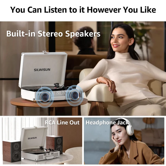 Alt view image 6 of 7 - Vinyl Record Player with Speakers Vintage Bluetooth in/Out Turntable-Brown Battery Powered 3-Speed Vinyl Player, Retro Suitcase Phonograph, Portable Lp Player RCA Out AUX in Headphone Jack