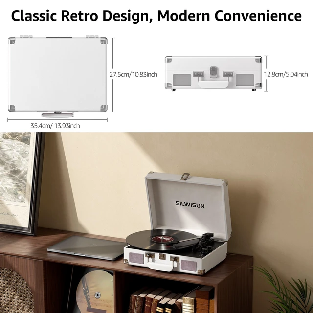 Alt view image 2 of 7 - Vinyl Record Player with Speakers Vintage Bluetooth in/Out Turntable-Brown Battery Powered 3-Speed Vinyl Player, Retro Suitcase Phonograph, Portable Lp Player RCA Out AUX in Headphone Jack