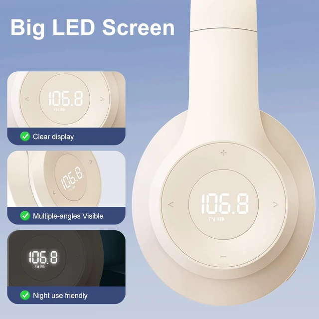 Alt view image 3 of 7 - X5 Rechargeable & Portable FM Radio Headphones (Beige) Best Reception, LED Display, Soft Ear Muffs,Headphones with Radio Built in, FM Receiver for Meeting, Works, Hiking, Jogging