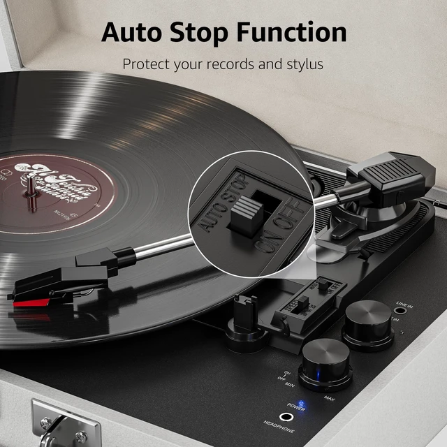 Alt view image 5 of 7 - Vinyl Record Player with Speakers Vintage Bluetooth in/Out Turntable-Brown Battery Powered 3-Speed Vinyl Player, Retro Suitcase Phonograph, Portable Lp Player RCA Out AUX in Headphone Jack