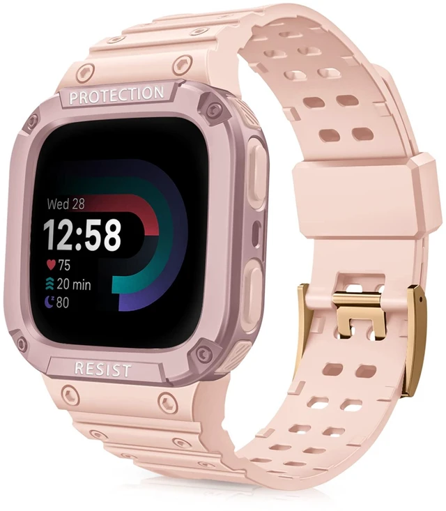 Main image of Band with Case Compatible with Fitbit Versa 4/3/2/1/Lite&Sense 2 1 Protective Case Strap, Rugged Sport Band Men, Adjustable Wristband, All-day Comfort, Pink Sand