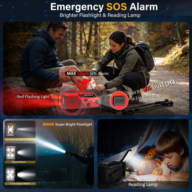 Alt view image 3 of 7 - Emergency Radio with 2 Charging Cables, 22000mWh Weather Flashlight Radio AM FM NOAA Hand Crank Solar Radio, Reading Lamp SOS Alarm Power Outage Phone Charger for Home Outdoor Emergencies
