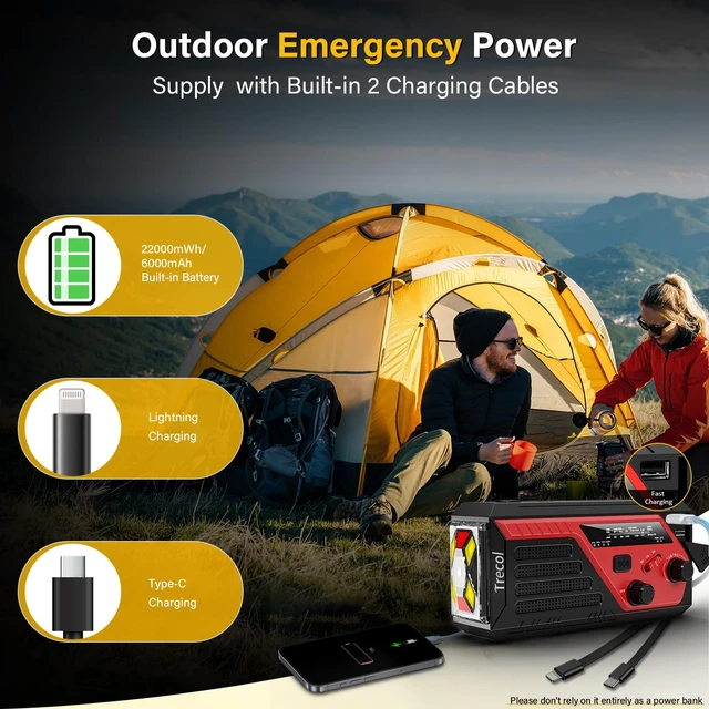 Alt view image 4 of 7 - Emergency Radio with 2 Charging Cables, 22000mWh Weather Flashlight Radio AM FM NOAA Hand Crank Solar Radio, Reading Lamp SOS Alarm Power Outage Phone Charger for Home Outdoor Emergencies