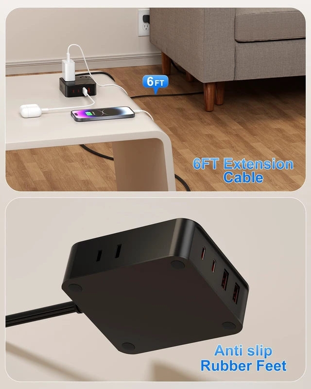 Alt view image 7 of 7 - Flat Plug Power Strip with USB Ports - 4 AC & 4 USB Ports (20W), 6Ft Extension Cord with Multiple Outlets, Fast USB Charging Station for Travel Office Dorm Room (Black)