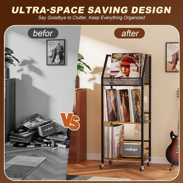 Alt view image 5 of 7 - Vinyl Record Storage Holder for 300 Albums, 3-Tier Rolling Record Shelf with Dividers and Record Display, Space-Saving Vinyl Record Stand with Wheels for Magazines, Books and CDs