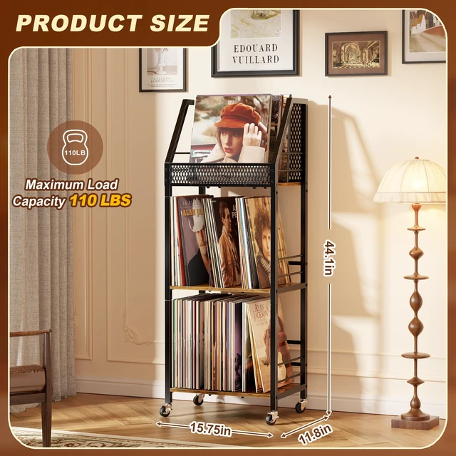 Alt view image 6 of 7 - Vinyl Record Storage Holder for 300 Albums, 3-Tier Rolling Record Shelf with Dividers and Record Display, Space-Saving Vinyl Record Stand with Wheels for Magazines, Books and CDs