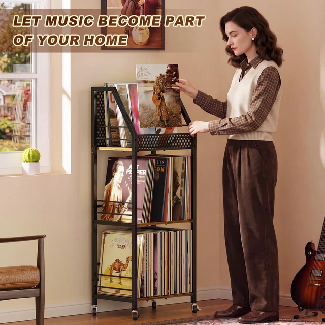 Alt view image 7 of 7 - Vinyl Record Storage Holder for 300 Albums, 3-Tier Rolling Record Shelf with Dividers and Record Display, Space-Saving Vinyl Record Stand with Wheels for Magazines, Books and CDs