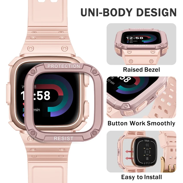 Alt view image 3 of 7 - Band with Case Compatible with Fitbit Versa 4/3/2/1/Lite&Sense 2 1 Protective Case Strap, Rugged Sport Band Men, Adjustable Wristband, All-day Comfort, Pink Sand