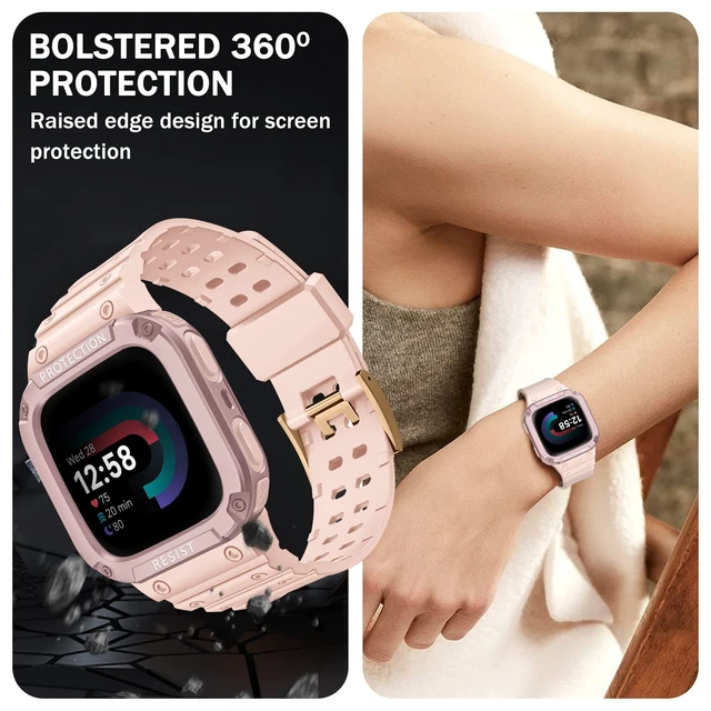 Alt view image 4 of 7 - Band with Case Compatible with Fitbit Versa 4/3/2/1/Lite&Sense 2 1 Protective Case Strap, Rugged Sport Band Men, Adjustable Wristband, All-day Comfort, Pink Sand
