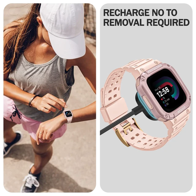 Alt view image 5 of 7 - Band with Case Compatible with Fitbit Versa 4/3/2/1/Lite&Sense 2 1 Protective Case Strap, Rugged Sport Band Men, Adjustable Wristband, All-day Comfort, Pink Sand