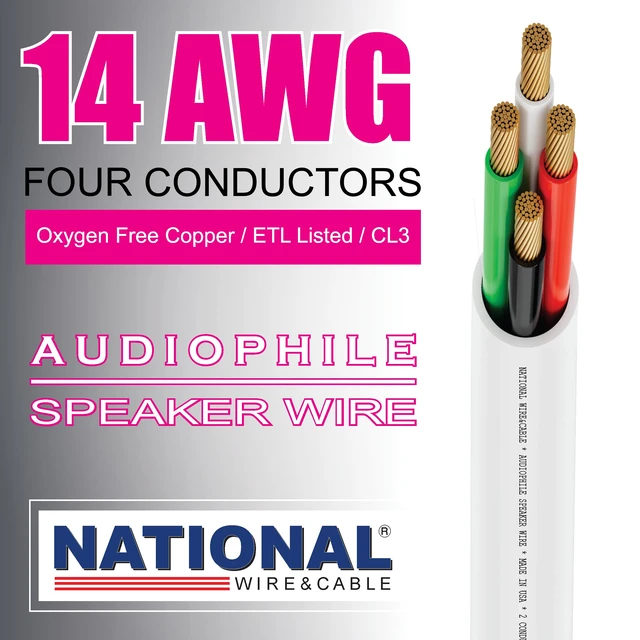 Alt view image 5 of 7 - Wire&Cables - 14/4 Audiophile Speaker Wire (100 Feet) 14AWG Gauge - Made in USA - in Wall Audio Speaker Wire Cable/CL Rated/ETL Listed / 2 Conductors - OFC Oxygen-Free Copper, White 100ft
