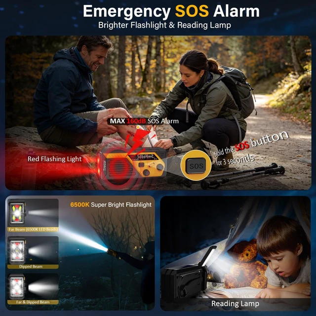 Alt view image 4 of 7 - Emergency Radio Solar with 2 Charging Cables, 22000mWh NOAA Weather Radio AM FM Hand Crank Radio, Flashlight Reading Lamp SOS Alarm Power Outage Phone Charger for Home Outdoor Emergencies