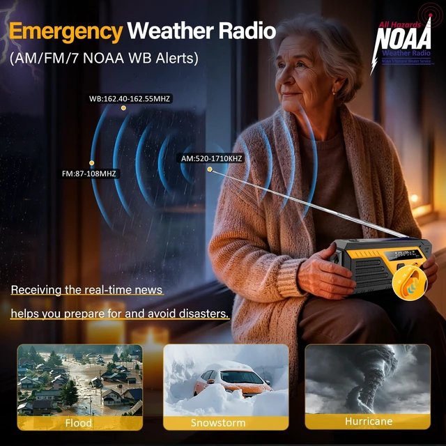 Alt view image 3 of 7 - Emergency Radio Solar with 2 Charging Cables, 22000mWh NOAA Weather Radio AM FM Hand Crank Radio, Flashlight Reading Lamp SOS Alarm Power Outage Phone Charger for Home Outdoor Emergencies