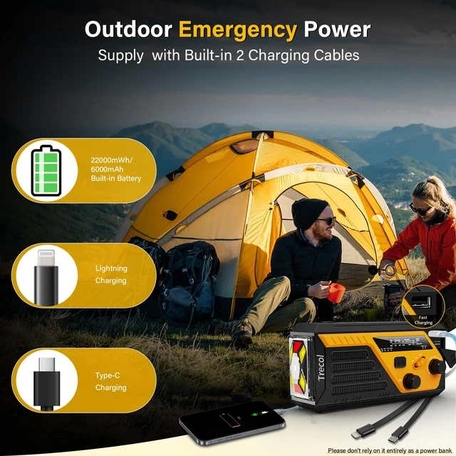 Alt view image 5 of 7 - Emergency Radio Solar with 2 Charging Cables, 22000mWh NOAA Weather Radio AM FM Hand Crank Radio, Flashlight Reading Lamp SOS Alarm Power Outage Phone Charger for Home Outdoor Emergencies