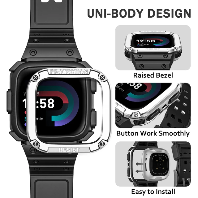 Alt view image 3 of 7 - Band with Case Compatible with Fitbit Versa 4/3/2/1/Lite&Sense 2 1 Protective Case Strap, Rugged Sport Band Men, Adjustable Wristband, All-day Comfort, Pink Sand