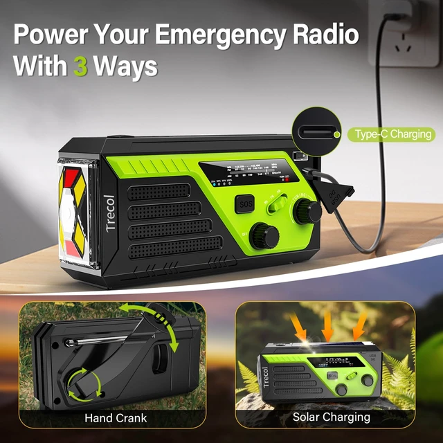 Alt view image 5 of 7 - Emergency Radio Solar with 2 Charging Cables, 22000mWh NOAA Weather Radio AM FM Hand Crank Radio, Flashlight Reading Lamp SOS Alarm Power Outage Phone Charger for Home Outdoor Emergencies