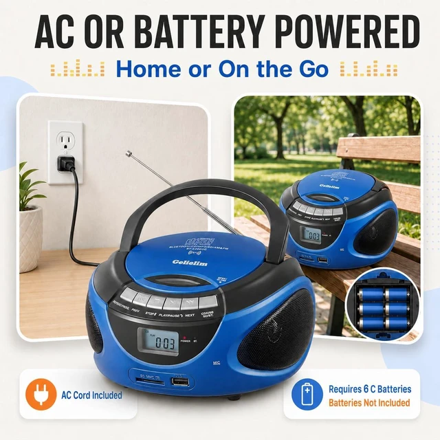 Alt view image 2 of 7 - Portable Boombox CD Player, Top Loading CD Players for Home with Bluetooth, AM FM Stereo Radio, Support USB, SD, MMC Drive, LCD Display, Headphone Jack, AC/DC Powered, Gift for Seniors-Blue