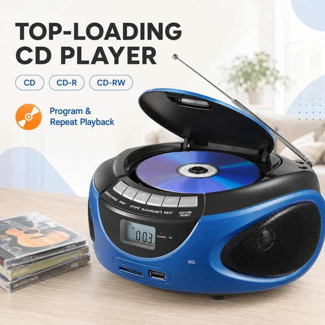 Alt view image 3 of 7 - Portable Boombox CD Player, Top Loading CD Players for Home with Bluetooth, AM FM Stereo Radio, Support USB, SD, MMC Drive, LCD Display, Headphone Jack, AC/DC Powered, Gift for Seniors-Blue