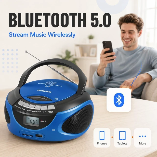 Alt view image 4 of 7 - Portable Boombox CD Player, Top Loading CD Players for Home with Bluetooth, AM FM Stereo Radio, Support USB, SD, MMC Drive, LCD Display, Headphone Jack, AC/DC Powered, Gift for Seniors-Blue