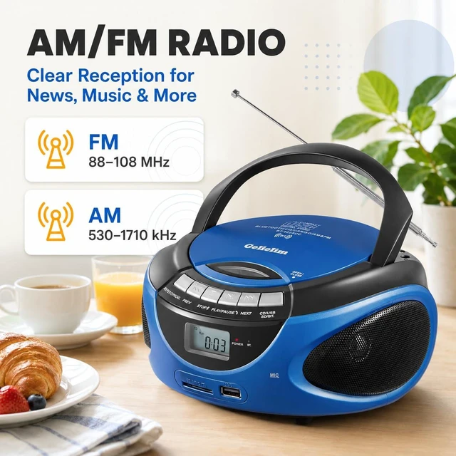 Alt view image 5 of 7 - Portable Boombox CD Player, Top Loading CD Players for Home with Bluetooth, AM FM Stereo Radio, Support USB, SD, MMC Drive, LCD Display, Headphone Jack, AC/DC Powered, Gift for Seniors-Blue